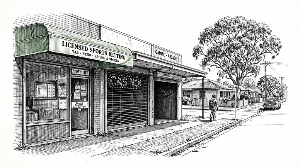 Australian suburban high street showing a small sports betting shop next to a closed casino storefront.