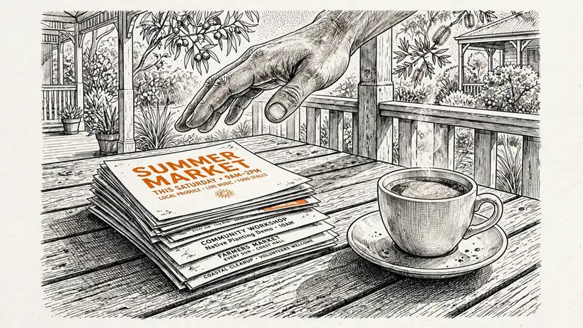 Glossy promotional flyers stacked on a wooden café table on an Australian veranda.